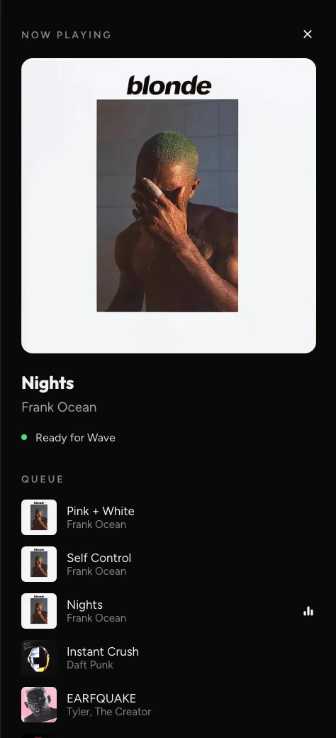 Painel Tocando agora — Nights, de Frank Ocean, com a fila