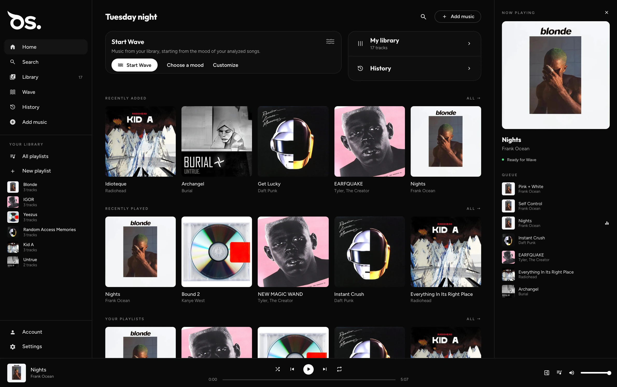 App OwlSonic para computador — Início, com Start Wave e músicas adicionadas recentemente
