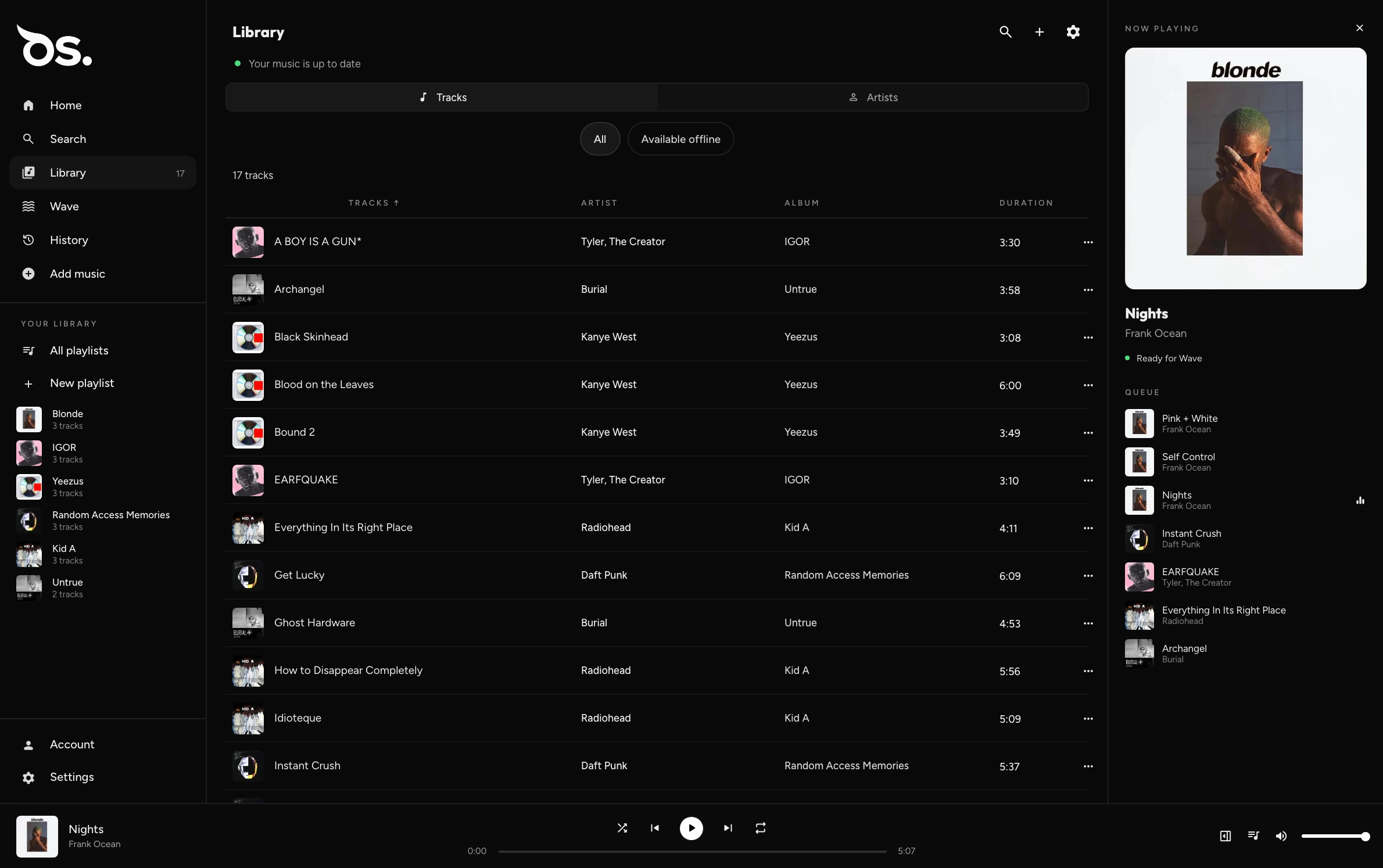 App OwlSonic para computador — Biblioteca, 17 faixas, com o painel Tocando agora