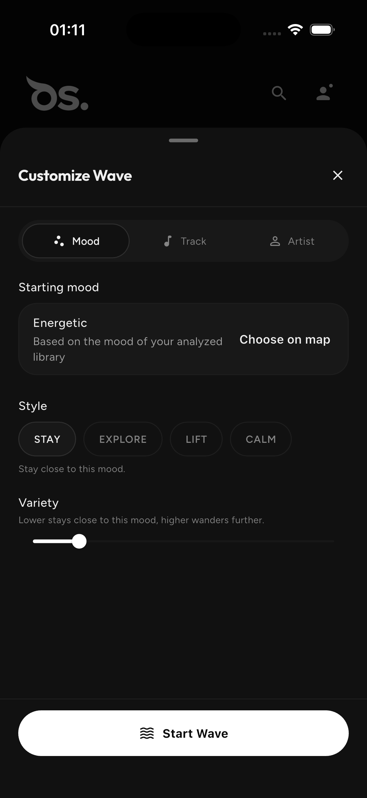 Personalizar o Wave — clima, faixa ou artista; estilo; variedade
